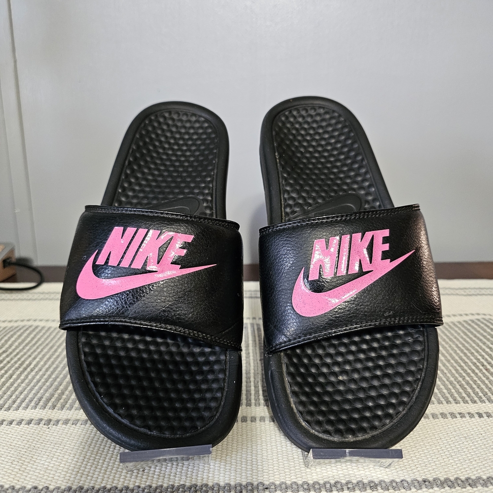 Nike Black Slide Sandals with Pink Logo